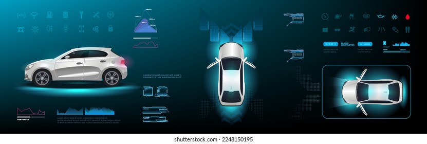 Interfaz de usuario de coche futurista. Panel de auto inteligente en pantalla holográfica digital HUD. Configuración del control del vehículo. Sistema de control electrónico a través del panel de navegación