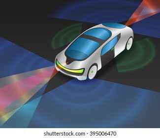 futuristic car and various sensors, Remote Sensing System of Vehicle. smart car, safety car, autonomous car, mirror less car, view from diagonally and front, vector illustration