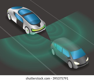 futuristic car and various sensors, Remote Sensing System of Vehicle. smart car, safety car, autonomous car, view from diagonally and front, vector illustration