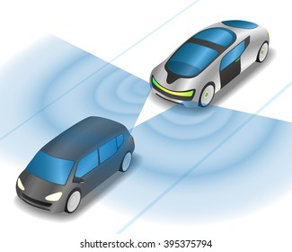 Futuristic Car And Various Sensors, Remote Sensing System Of Vehicle. Smart Car, Safety Car, Autonomous Car, View From Diagonally And Front, Vector Illustration