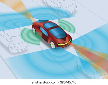 futuristisches Auto und verschiedene Sensoren, Fernerkundungssystem des Fahrzeugs. intelligentes Auto, Sicherheitsauto, autonomes Auto, spiegelloses Auto, Ansicht von diagonal und vorn, Vektorgrafik