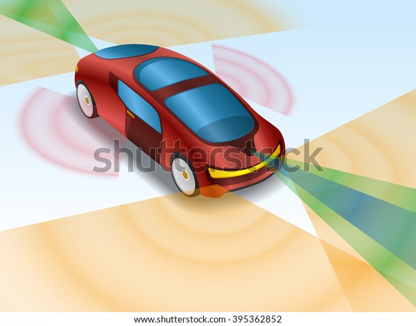 futuristic car\
and various sensors, Remote Sensing System of Vehicle. smart car,\
safety car, autonomous car, mirror less car, view from diagonally\
and front, vector\
illustration