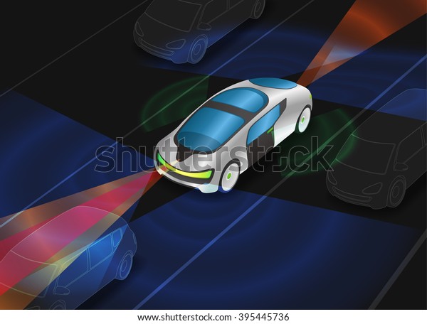 futuristic car
and various sensors, Remote Sensing System of Vehicle. smart car,
safety car, autonomous car, mirrorless car, view from diagonally
and front, vector
illustration