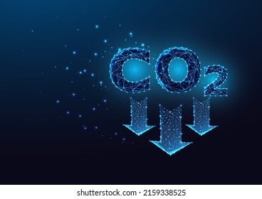 Concepto futurista de reducción de emisiones de dióxido de carbono con símbolo de CO2 brillante y flechas hacia abajo 