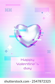 Futuristic card design with chrome 3d heart on techno background. Hologram gradient, glitch art. Valentine's Day ethereal poster with ripped glass effect. Blurred cosmic vector illustration.