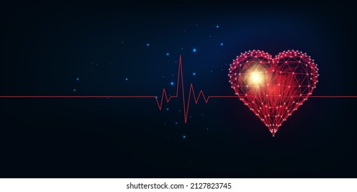  Futuristic cardiogram banner concept with glowing low polygonal red heart symbol and place for text