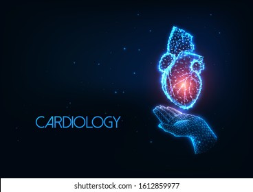 Futuristic Cardiology concept with glowing low polygonal human hand holding heart organ hologram on dark blue background. Modern wire frame mesh design vector illustration. 