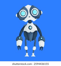 Futuristic cartoon robot featuring large circular eyes, claw-like hands, and a sleek blue and white design on a blue background. Cartoon Robot with Large Circular Eyes