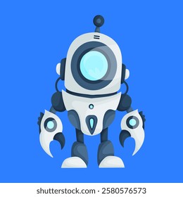 Futuristic cartoon robot illustration featuring claw-like hands, a circular face screen, and an antenna, set against a blue background. Cartoon Robot with Claw Hands and Antenna