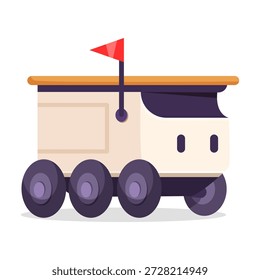 Rover espacial de dibujos animados futurista con seis ruedas y bandera roja, estilo gráfico plano, aislado sobre fondo blanco. Concepto de exploración espacial. Ilustración vectorial
