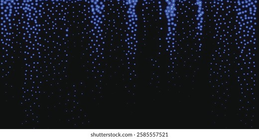 Futuristic cascading light pattern with glowing blue dots on a deep black background, creating a mesmerizing digital rain effect. Ideal for tech-inspired designs, sci-fi themes