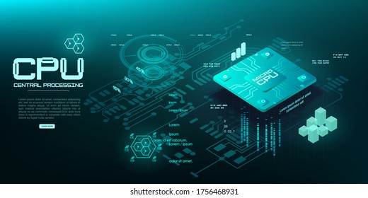 Futuristic central microprocessor for personal computing device. A quantum computer for processing and computing large amounts of information. Microprocessor in isometric view on green background. Dig