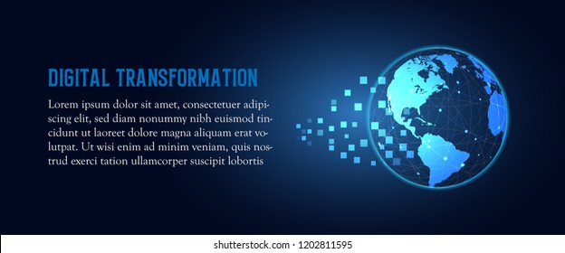 Futuristic change of blue earth digital transformation abstract technology background. Artificial intelligence and big data. Business growth computer and investment industry 4.0 Vector illustration