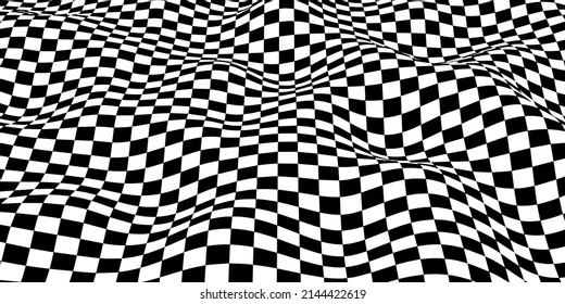 Futuristic checkerboard wave. Abstract vector wave with moving squares. Chess board black and white background.
