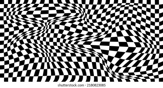 Futuristic checkerboard wave. Abstract vector wave with moving squares. Chess board black and white background.