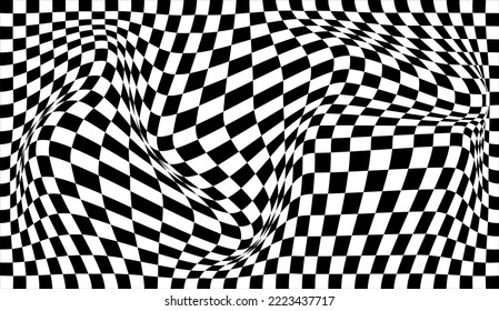 Futuristic checkerboard wave. Abstract vector wave with moving squares. Chess board black and white background.