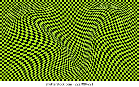 Ola futurista de ajedrez. Ola vectorial abstracta con cuadrados en movimiento. Fondo negro y verde del tablero de ajedrez.