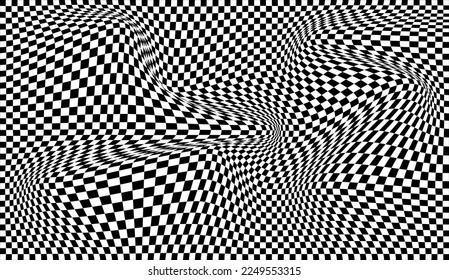 Futuristic checkerboard wave. Abstract vector wave with moving squares. Chess board black and white background.
