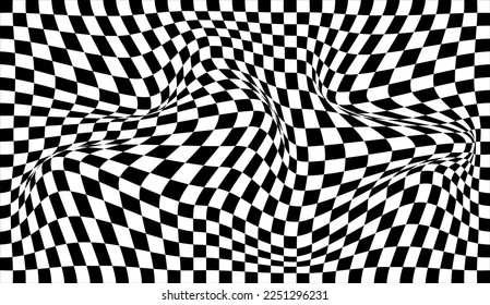 Futuristic checkerboard wave. Abstract vector wave with moving squares. Chess board black and white background.