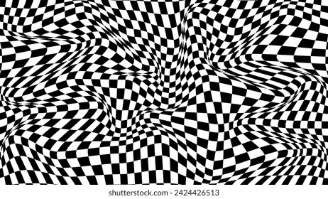Futuristic checkerboard wave. Abstract vector wave with moving squares. Chess board black and white background.