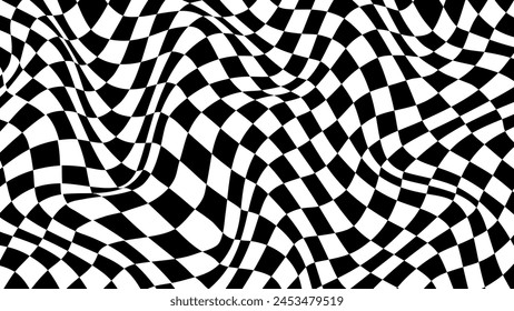 Futuristic checkerboard wave. Abstract vector wave with moving squares. Chess board black and white background.