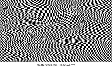 Futuristic checkerboard wave. Abstract vector wave with moving squares. Chess board black and white background.