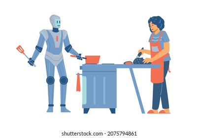 Robot futurista del chef sostiene una sartén y ayuda a la mujer a cocinar, ilustración vectorial plana aislada en fondo blanco. El concepto de tecnologías inteligentes ayuda al ser humano en la vida diaria y en la rutina.