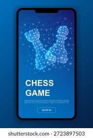 Concepto futurista del juego de ajedrez con la torre y el peón poligonales brillantes en un fondo digital, que simbolizan la estrategia y el juego elegante