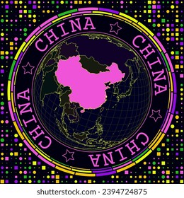 Futuristic China on globe. Bright neon satellite view of the world centered to China. Geographical illustration with shape of country and geometric background. Charming vector illustration.
