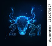 Futuristic Chinese 2021 New Year greeting card template with glowing low polygonal ox horoscope sign and numbers on dark blue background. Modern wireframe mesh design vector illustration.