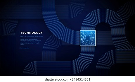 Chip futurista y placa de circuito sobre fondo de tecnología. Píxeles brillantes en una superficie semiconductora. Abstractas cable plano digital de línea redonda en Formas suaves. Bolsa de tecnología. Ilustración vectorial.
