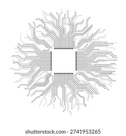Futuristic chipset with circuit board pattern on a white background. High-tech circuit board connection system. Processor and motherboard. Artificial intelligence (AI). Vector illustration.