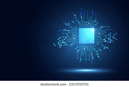 Futuristic chipset processor circuit board digital transformation blue abstract technology background. Innovative tech block chain artificial intelligence cloud computing concept. Vector illustration