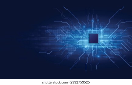 Futuristic chipset processor circuit board digital transformation blue abstract technology background. Innovative tech block chain artificial intelligence cloud computing concept. Vector illustration