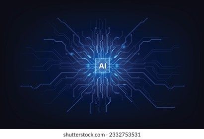 Futuristic chipset processor circuit board digital transformation blue abstract technology background. Innovative tech block chain artificial intelligence cloud computing concept. Vector illustration