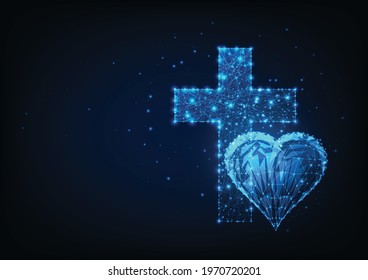 Futuristic christianity concept with glowing low polygonal heart and cross on dark blue