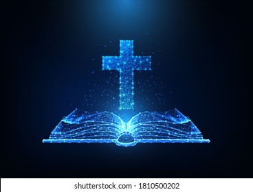 Futuristic Christianity worship concept with glowing low polygonal open bible and Christian cross on dark blue background. Modern wireframe mesh design vector illustration.