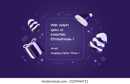 Futuristic Christmas greeting banner with 3d Santa hat, snowy trees, gift. Technology New Year network greeting. Virtual tech Xmas concept. Vector illustration. Cyberpunk card. Innovation service.