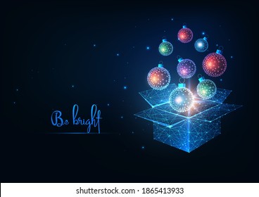 Futuristic Christmas open box with glowing low polygonal xmas baubles for the holiday on dark blue background. Modern wireframe mesh design vector illustration.