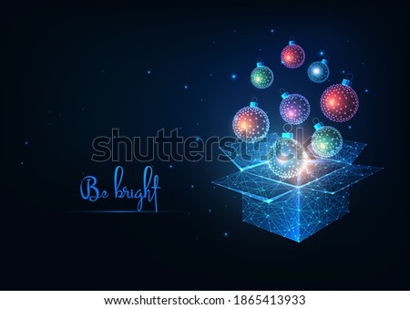 Futuristic Christmas open box with glowing low polygonal xmas baubles for the holiday on dark blue background. Modern wireframe mesh design vector illustration.