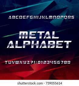 Futuristic chrome alphabet font. Metallic effect oblique letters and numbers on an abstract background. Stock vector typeface for your design.