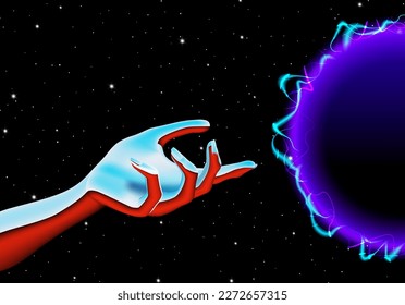 Futuristic chrome cyborg hand touching the black hole portal in 80s synthwave styled technology and scientific background. Retro chrome figure neon card or music flyer template