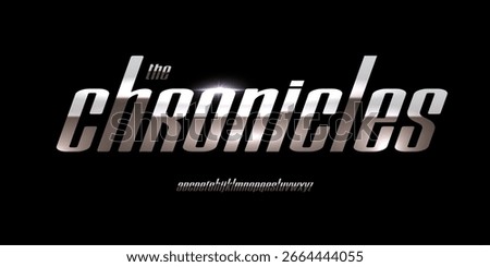Futuristic chrome modern alphabet, bold condensed italic lowercase letters, tech racing font for cinematic lettering logo, space cyberpunk headline, shiny metallic typographic design. Vector typeset.