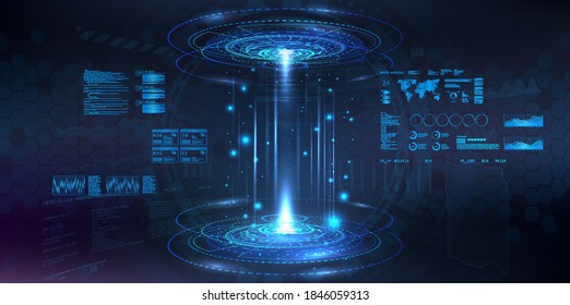 Futuristic circle 3D lab - stage with HUD elements for UI, GUI, App background. Blank podium for show your product. Modern stage in cyberpunk style. Holograms hi-tech demonstration. Vector show room