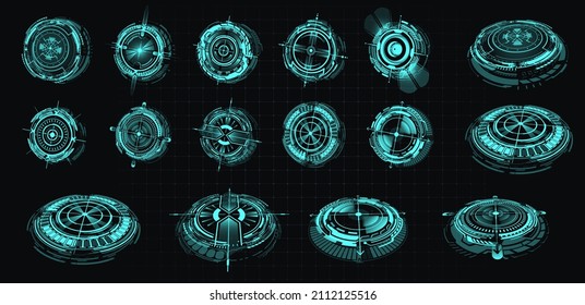 Futuristic circle elements. HUD focus elements. Sci-fi circular design. Circle Sci-fi elements on isolated black background. Concept Futuristic User Interface for graphic motion. Vector illustration