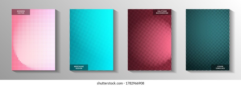 Futuristic circle faded screen tone cover page templates vector set. Digital banner perforated screen tone backdrops. Vintage comics style front page layouts. Overlay spots grid