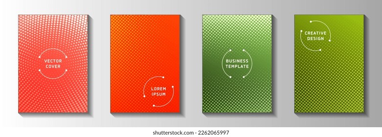 Futuristic circle faded screen tone title page templates vector kit. School banner perforated screen tone backgrounds. Retro cartoon comics style cover page layouts. Line art design.