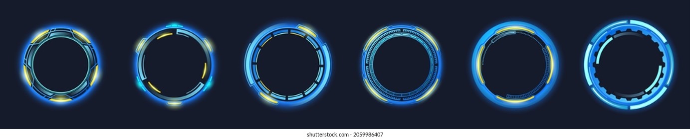 Futuristic circle frames, cartoon space or hud ski-fi round technology borders, isolated tech portals for game, ui graphic design elements for virtual reality, gamer panel or dashboard, Vector set