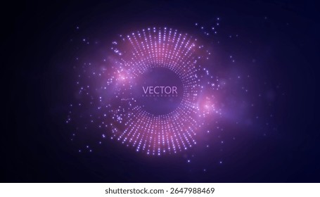 Futuristic circle of glowing dots with depth effect and purple glow. Visualization of digital pulse in purple glow.	
