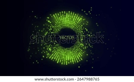 Futuristic circle of glowing dots with depth effect and green glow. Visualization of digital pulse in bright green glow.